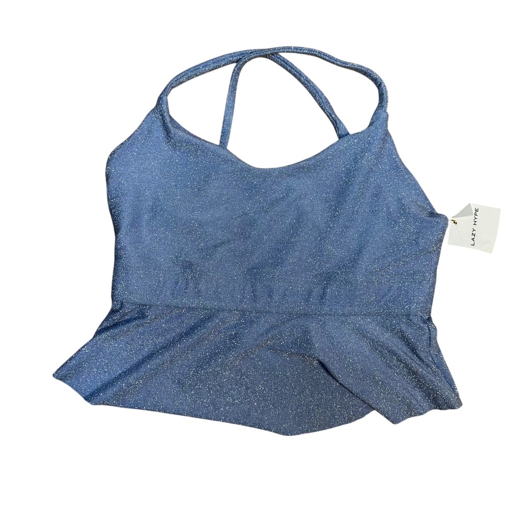 Lazy Hype Womens Blue Sparkle Peplum Halter Top Crop